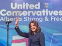 Danielle Smith celebrates UCP's victory and her re-election as premier in the 2023 Alberta election at the UCP's Clock Party at the Big Four Building in Calgary on Monday, May 29, 2023.