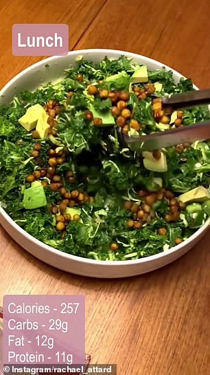 Lunch is kale and avocado salad with chickpeas followed by a glass of freshly squeezed orange juice